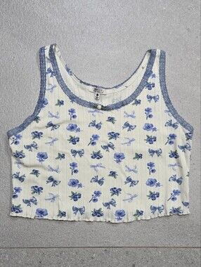 Blue Floral Ribbed Crop Tank Top